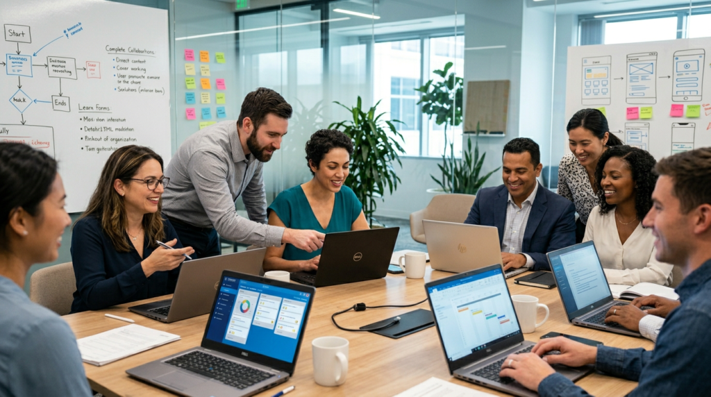 Team of professionals collaborating around a table, engaging with laptops and discussing new technology implementation in a modern office setting.