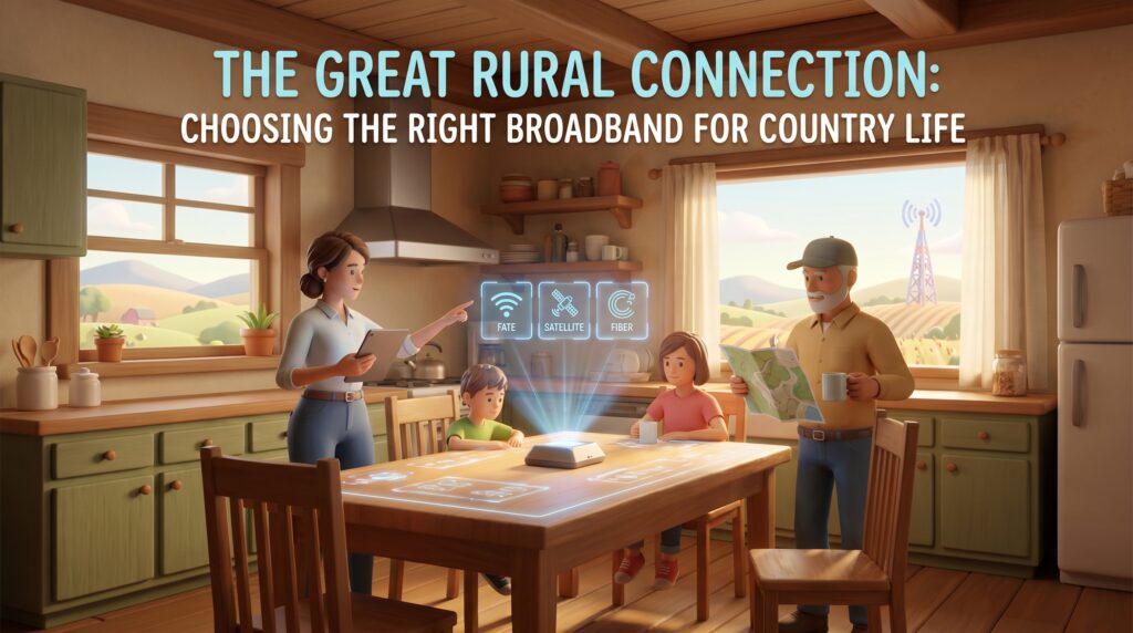An image showing a family in a countryside home discussing broadband options with a technician, highlighting the importance of choosing the right internet connection for rural living.